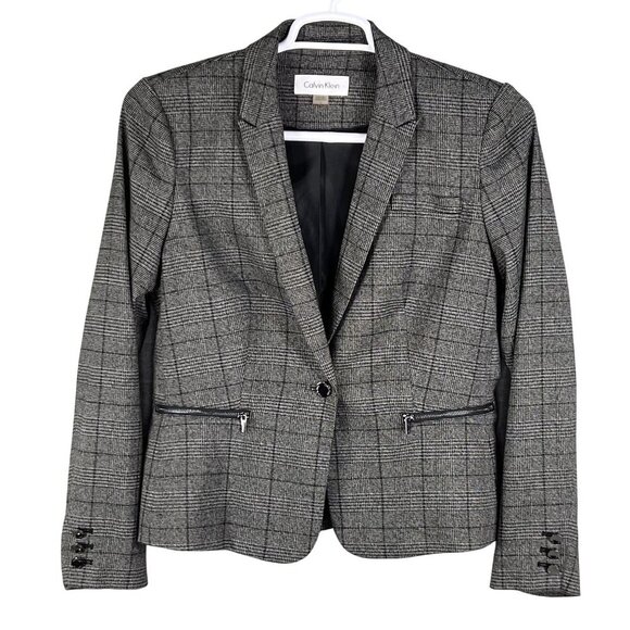 Calvin Klein Womens 10 Gray Houndstooth Windowpane Plaid Blazer Preppy Academia - Picture 7 of 15